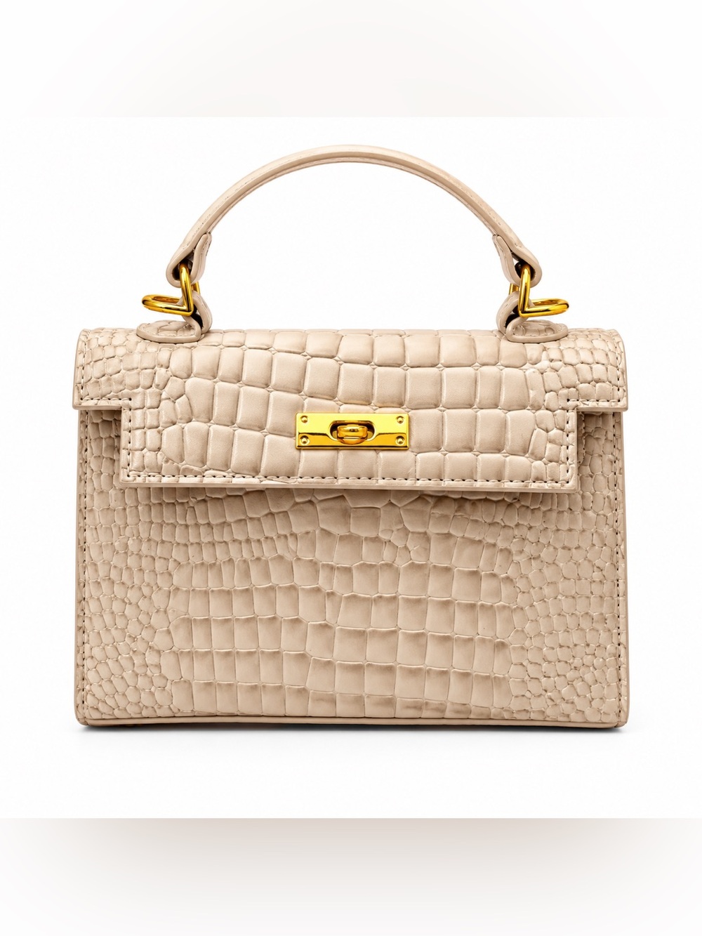 Beige Faux Leather Croc Embossed Crossbody & Top Handle Handbag